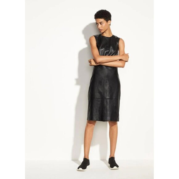 Vince Sleeveless Leather Knee-length Dress In Black - Picture 4 of 10